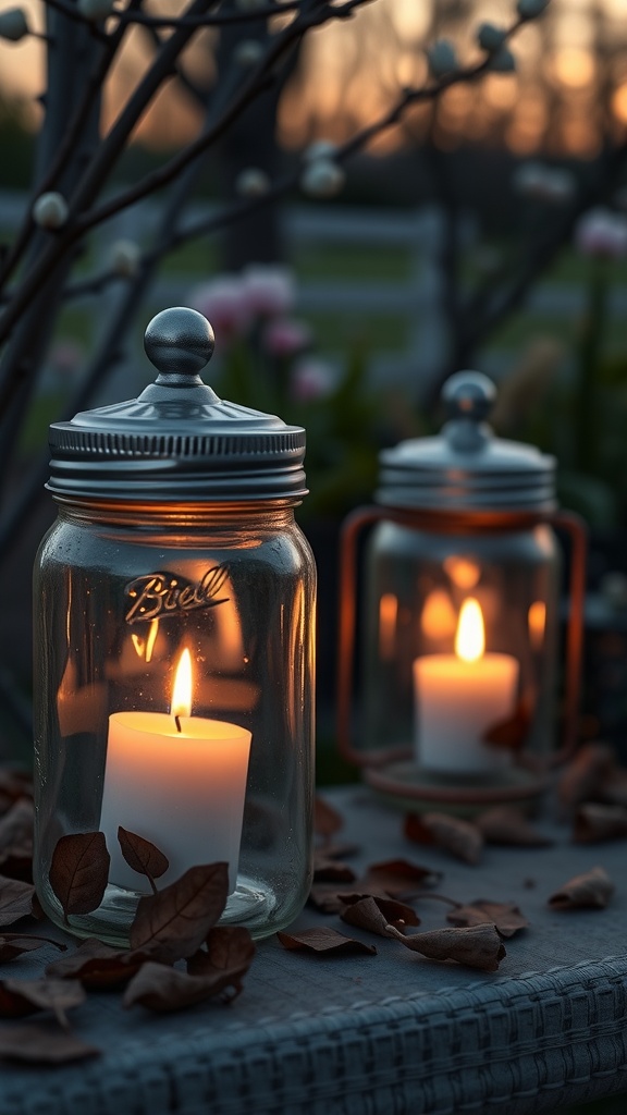 Two upcycled Mason jar lanterns glowing softly with candles inside, surrounded by fallen leaves and a blurred sunset background.