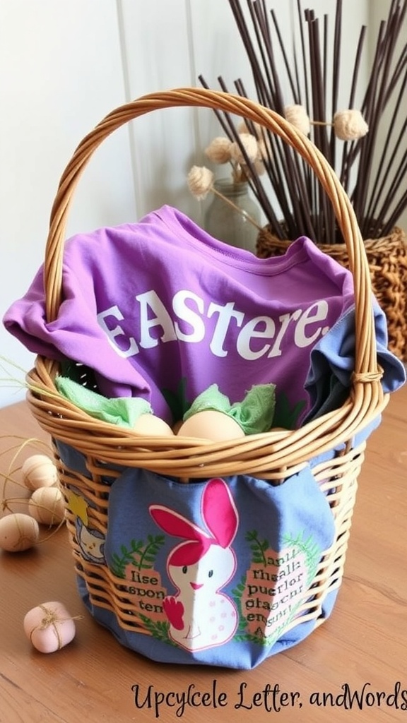 An upcycled T-shirt basket decorated for Easter with colorful shirts and a bunny design.