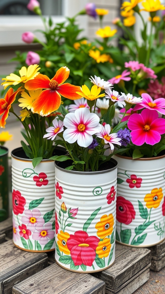 Colorful upcycled tin can planters filled with flowers