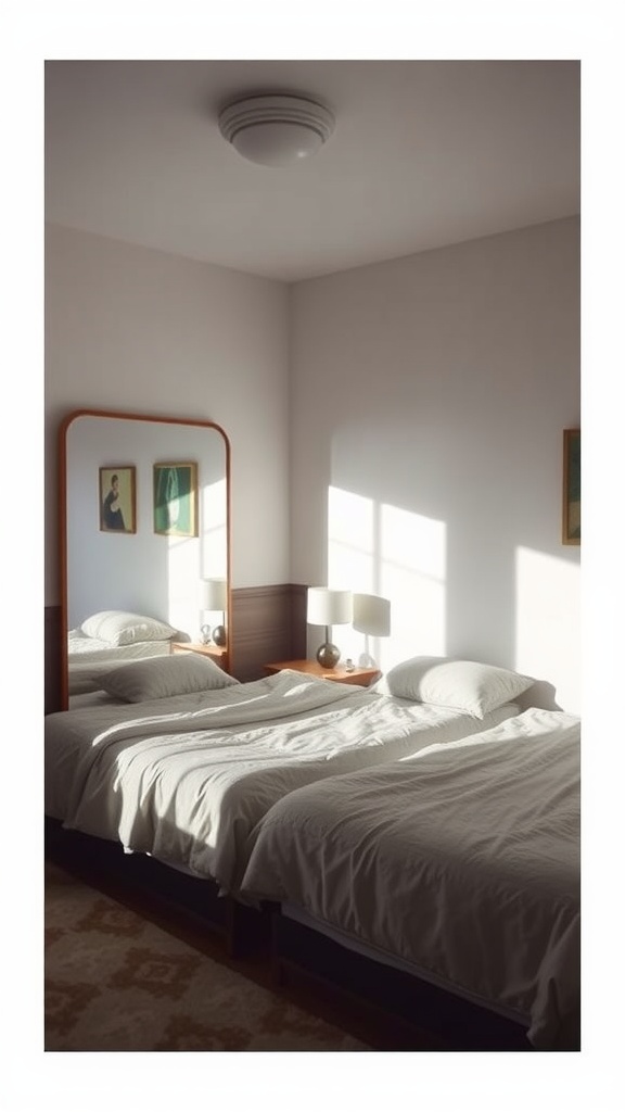 A small shared bedroom with two beds, a mirror, and soft sunlight.