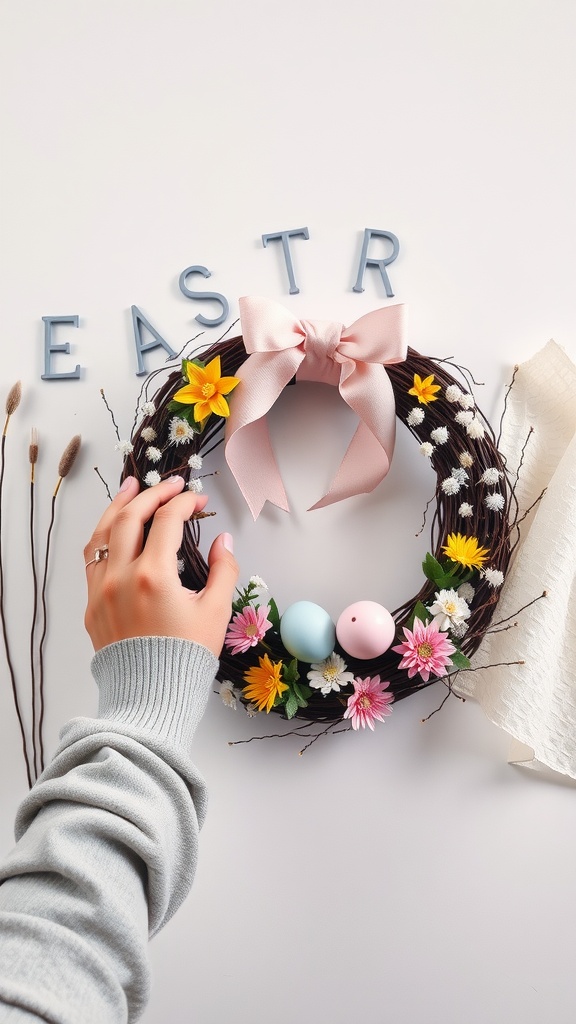 A hand customizing an Easter wreath with colorful flowers, pastel eggs, and a pink ribbon.