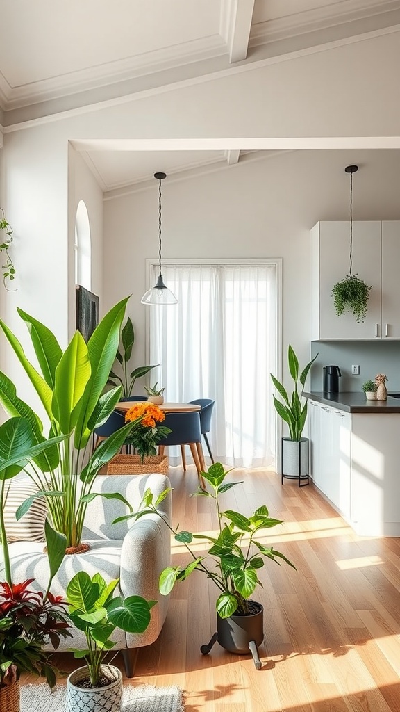 A bright living room and kitchen area with various indoor plants, showcasing greenery and a cozy atmosphere.