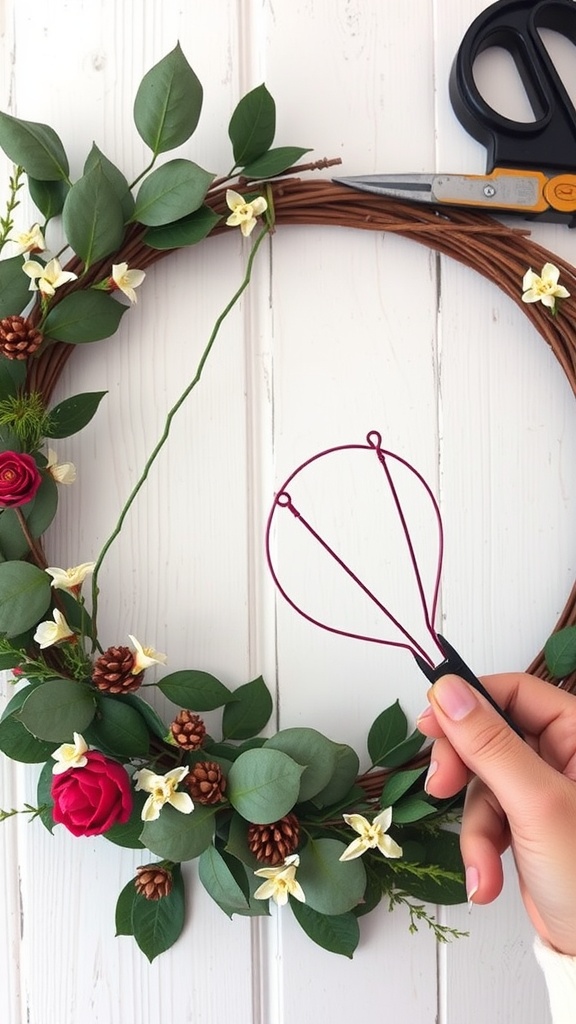 Floral wire being held in hand near a partially decorated wreath with flowers and greenery