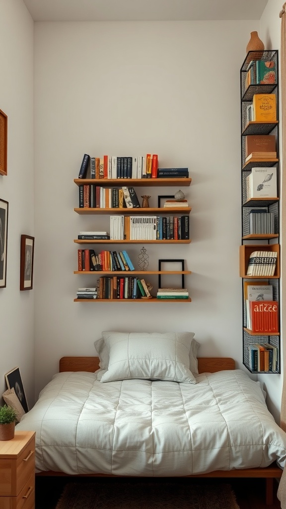 Cozy small shared bedroom with a bed, wooden and metal shelves filled with books, and decorative items.