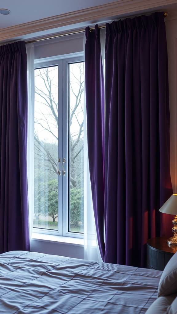 Luxurious velvet purple curtains framing a window in a moody purple bedroom