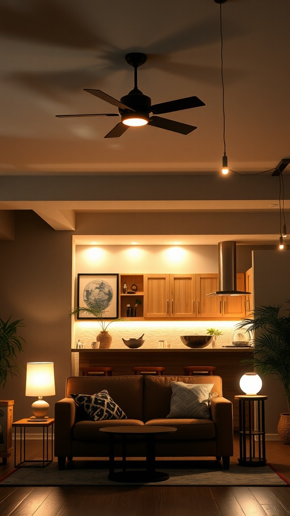 A cozy living room and kitchen area featuring versatile lighting solutions, including a ceiling fan with lights, pendant lights, and table lamps.