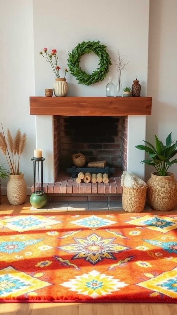 A colorful area rug in front of a fireplace, surrounded by plants and decorative items.