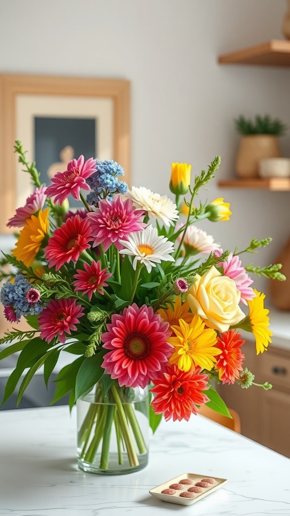 A vibrant floral centerpiece with colorful flowers in a vase on a kitchen island.