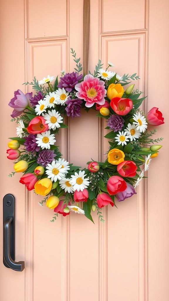 A vibrant floral wreath with tulips and daisies hanging on a pink door.