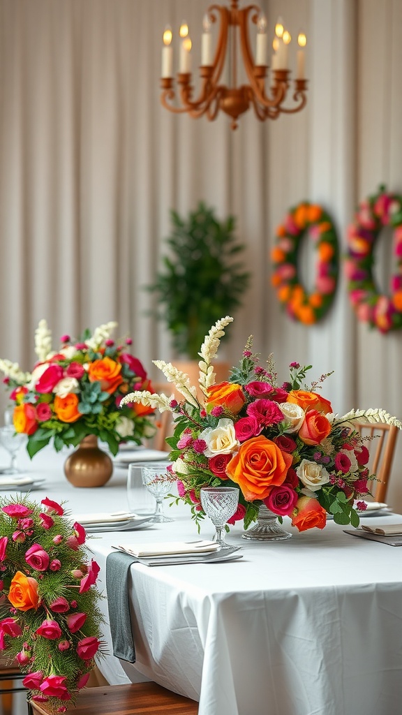 A dining table set for spring with vibrant floral wreaths as centerpieces