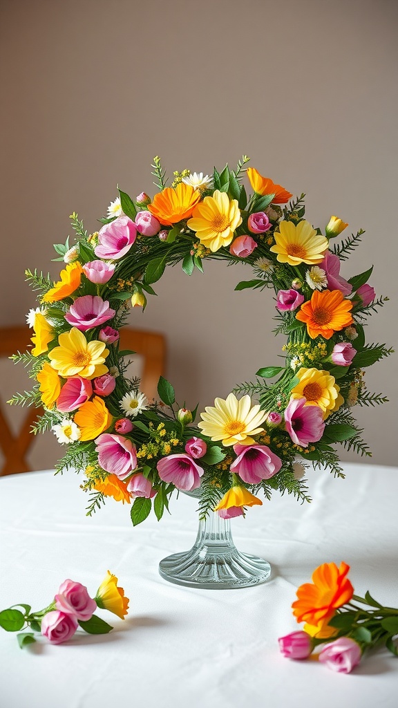 A colorful wreath made of artificial flowers in yellow, pink, and orange, displayed on a glass stand.