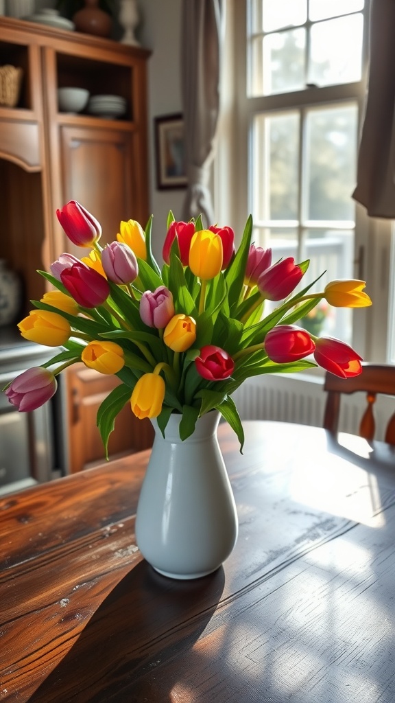 A vibrant arrangement of red, yellow, and pink tulips in a white vase on a wooden kitchen table.