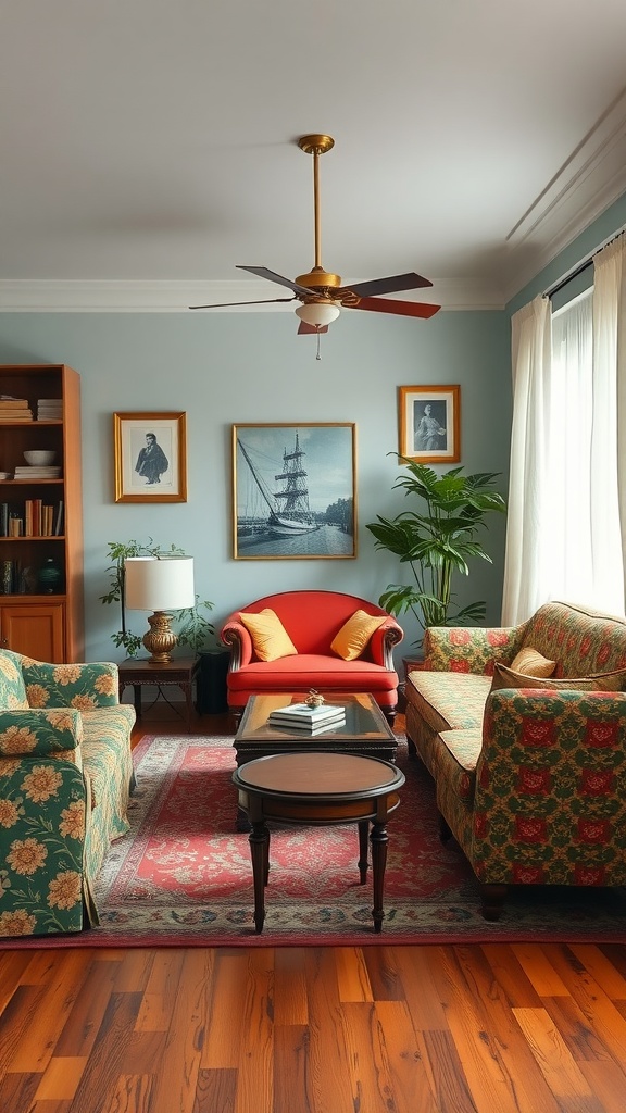 A cozy living room with vintage-inspired furniture, featuring colorful sofas and a rustic coffee table.