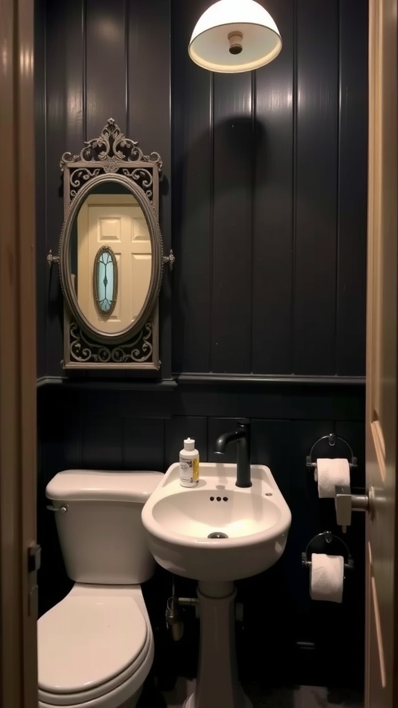 A small dark bathroom featuring vintage elements like an ornate mirror and warm lighting.