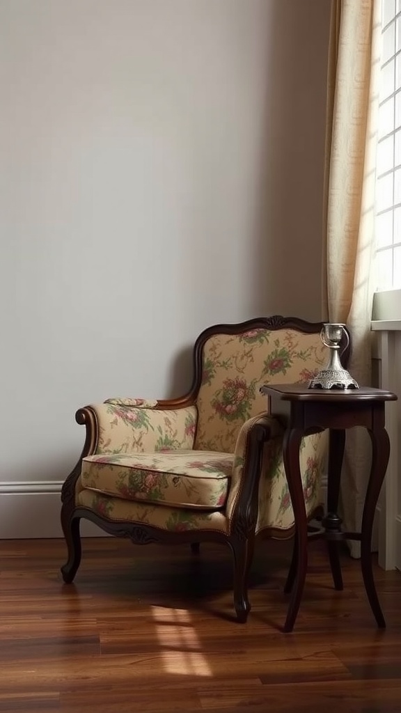 A vintage armchair with floral upholstery beside a small side table, set in a cozy living room.