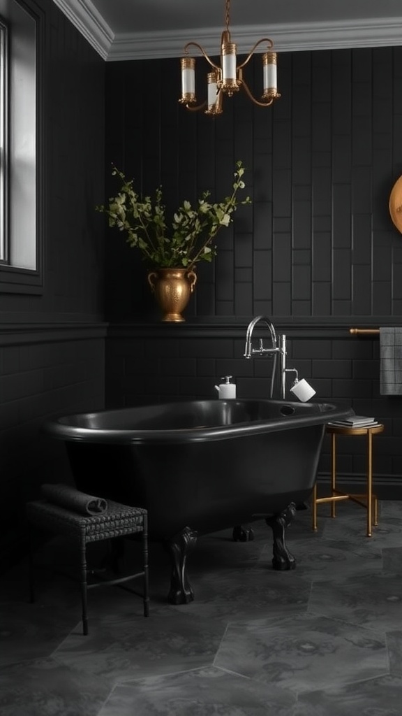 A vintage black bathtub with claw feet in a dark bathroom, surrounded by elegant decor.