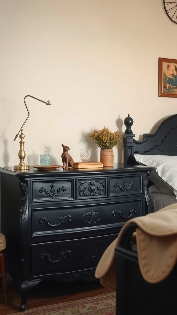 A vintage black dresser with ornate carvings, a lamp, decorative items, and a cozy chair in a bedroom setting.