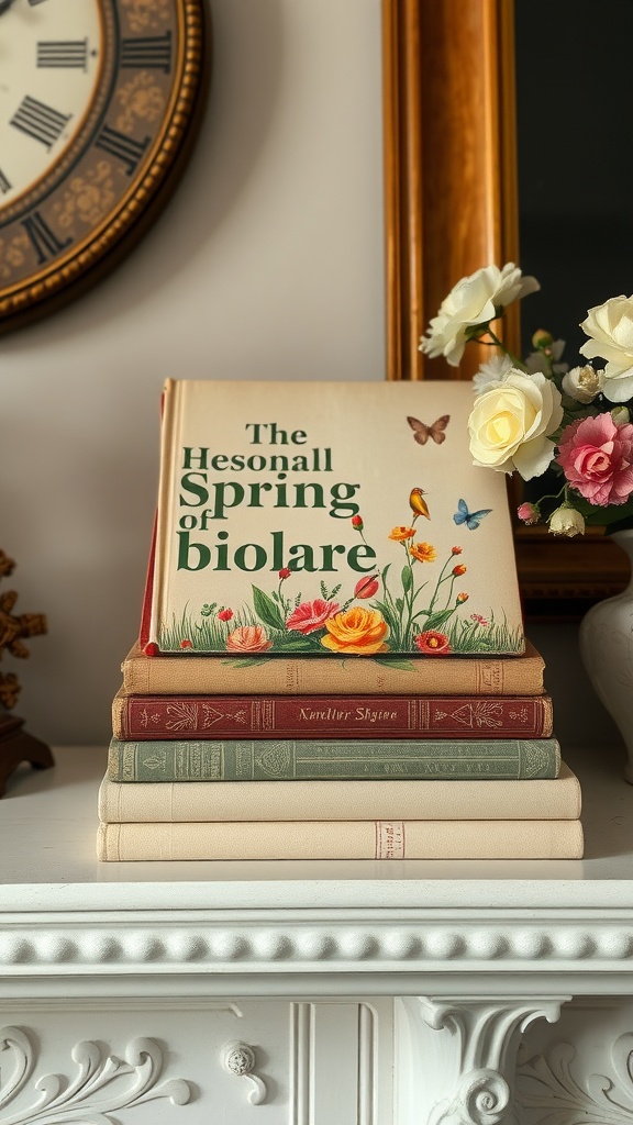 A vintage book stack displayed on a mantel, featuring a colorful top book about spring and earthy-toned books underneath.