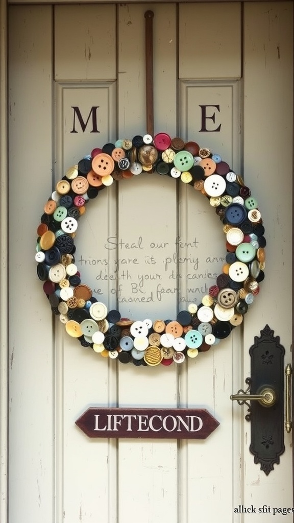 A vintage button wreath on a door with decorative elements and the word 'LIFTCOND' below it.