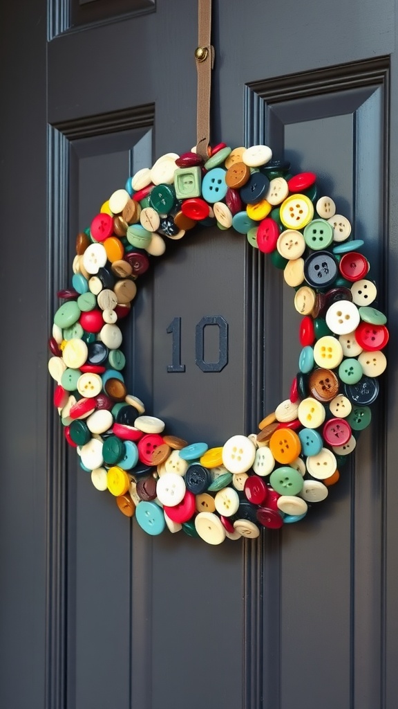 A colorful vintage button wreath hanging on a dark blue door with the number 10.