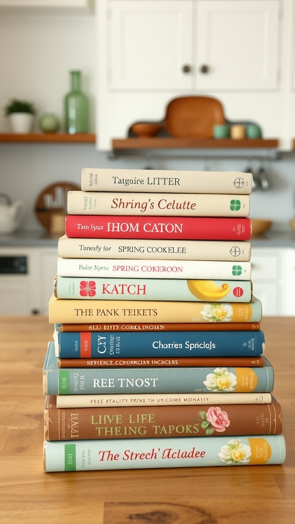 A display of vintage cookbooks stacked on a kitchen island