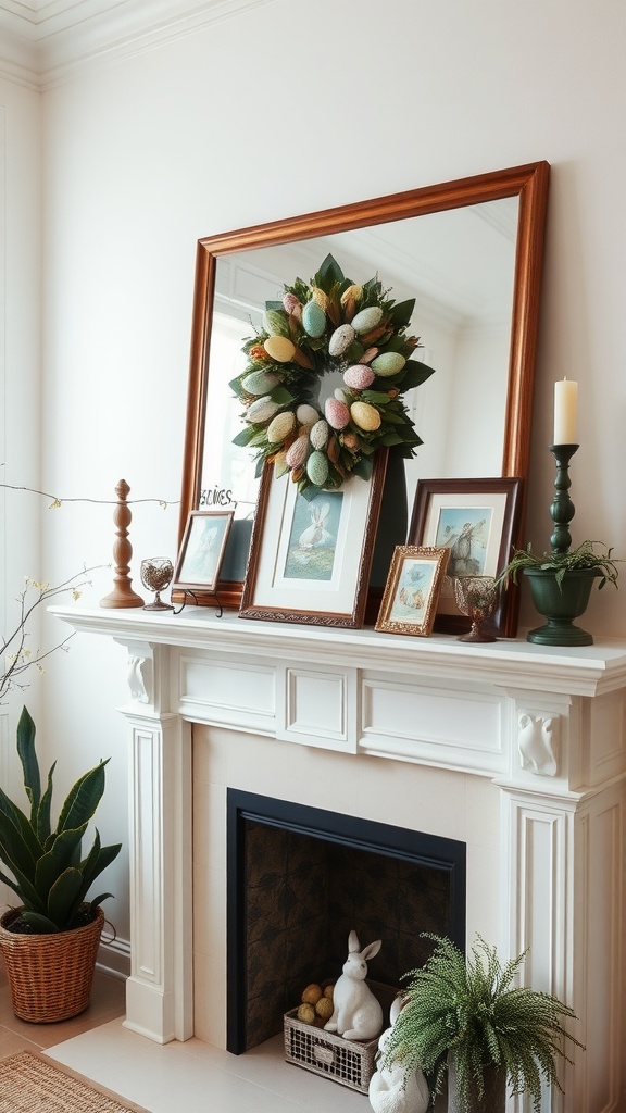 A decorated mantel with vintage Easter cards, a colorful egg wreath, and a bunny figurine.