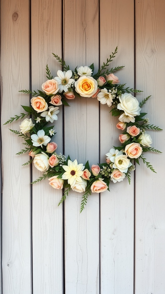 A vintage floral wreath made with pastel roses and yellow flowers, hanging on a wooden wall.