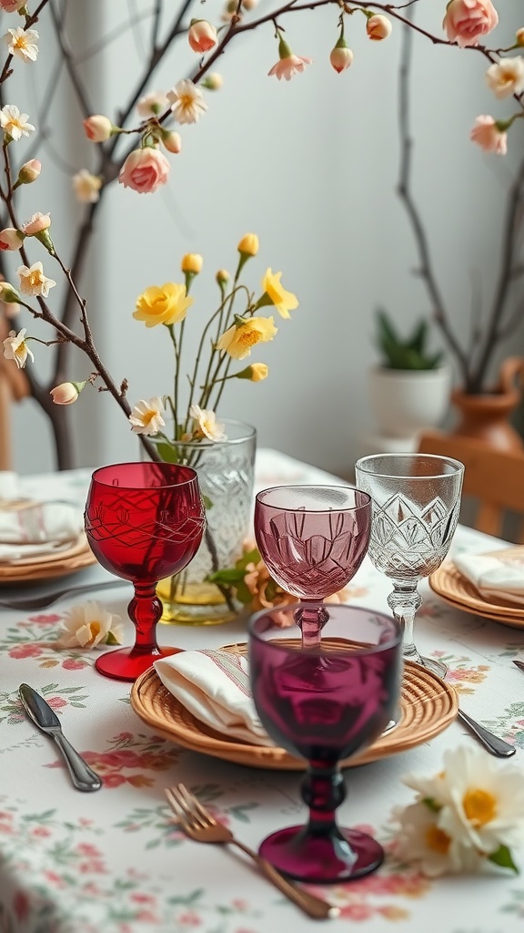 A spring table setting with vintage glassware in red and purple, surrounded by flower arrangements.