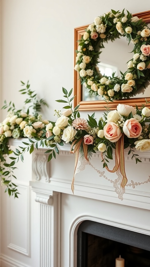 A vintage-style floral garland with roses and greenery displayed on a white mantle, complemented by a matching wreath on the wall.