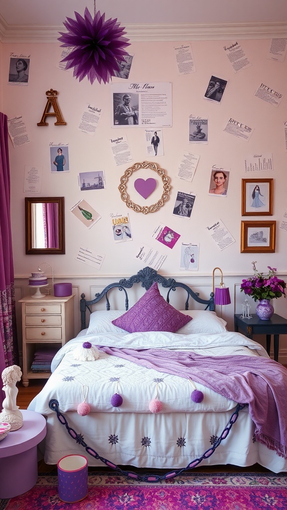 A vintage purple-themed bedroom with accessories like photos on the wall, purple blankets on the bed, and decorative items.