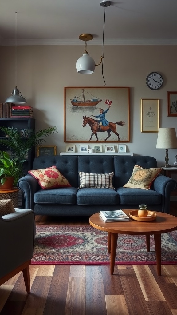 Cozy living room featuring a dark gray couch with colorful pillows, a vintage painting, and warm wooden elements.