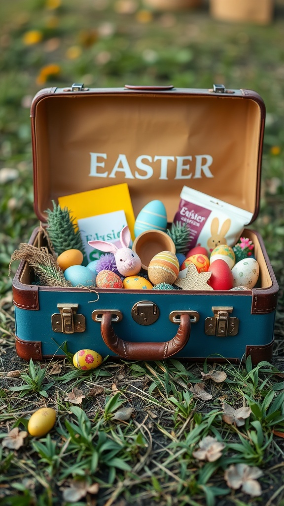 A vintage suitcase filled with colorful Easter eggs and decorations, set on grass