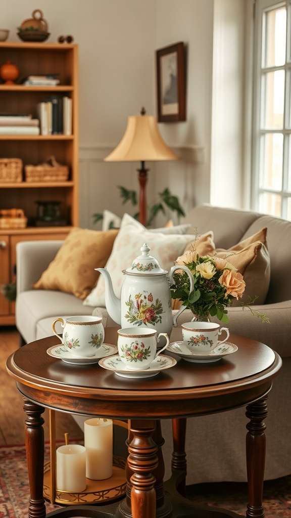 A vintage tea set displayed on a wooden table in a cozy living room, featuring floral patterns and accompanied by fresh flowers.