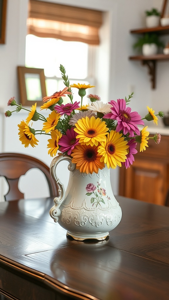 A vintage teapot filled with colorful flowers, serving as a centerpiece on a wooden kitchen table.