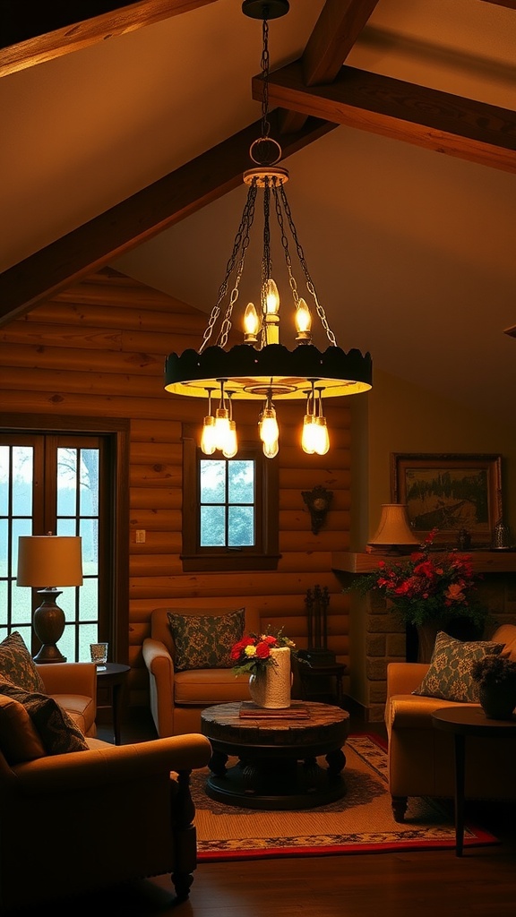 A vintage wagon wheel chandelier hanging above a cozy ranch-style living room with wooden beams and rustic furniture.