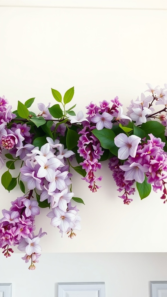 A vibrant garland of violet and lilac flowers with green leaves, beautifully draped over a light-colored mantle.