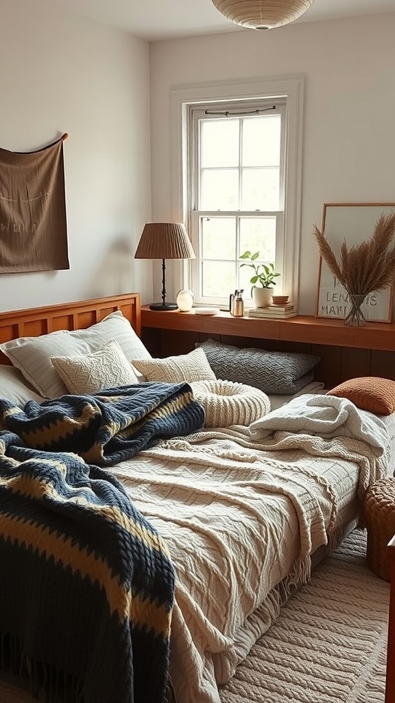 A cozy shared bedroom with warm textiles, including layered blankets and pillows.