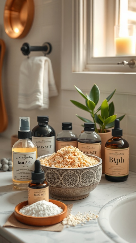 A collection of bath salts and oils arranged in a cozy bathroom setting.