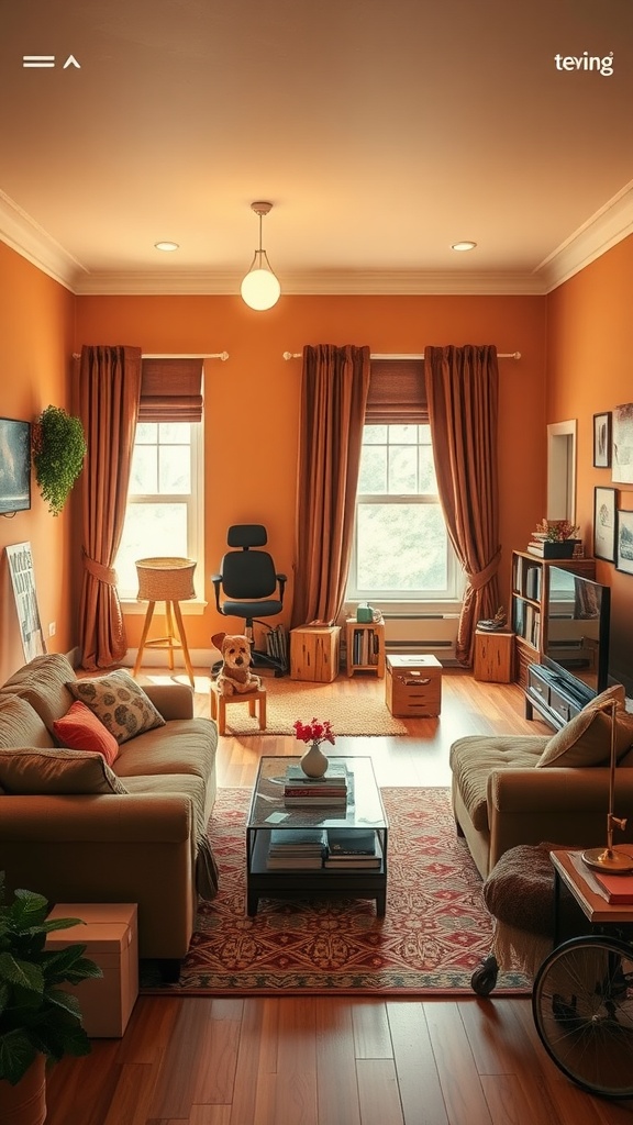 Cozy dorm living room with warm orange walls, brown couches, and bright lighting.