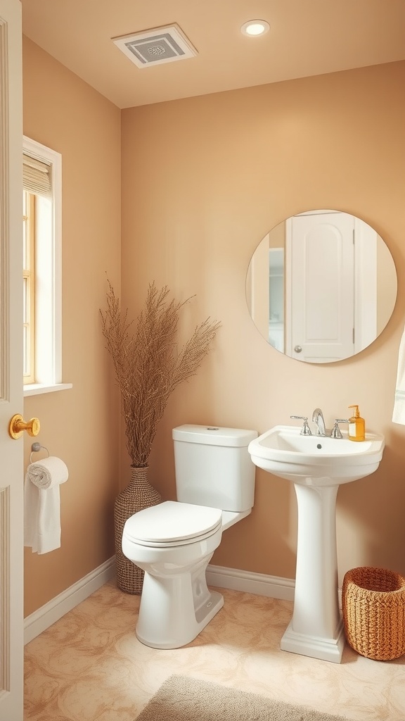 A cozy bathroom with warm beige walls, a round mirror, white fixtures, and natural elements.