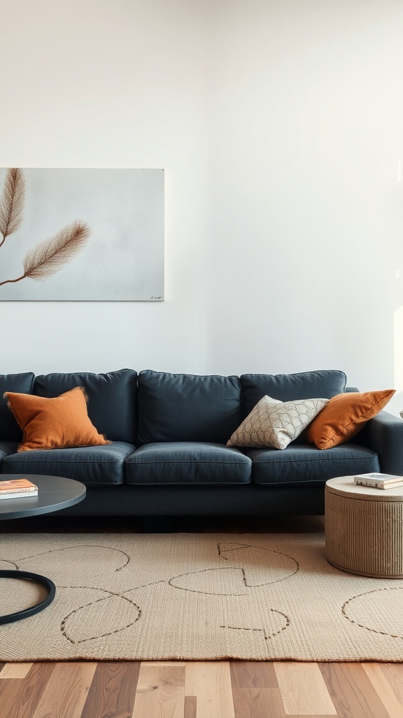 Living room with dark gray couch, orange cushions, round coffee table, and soft area rug