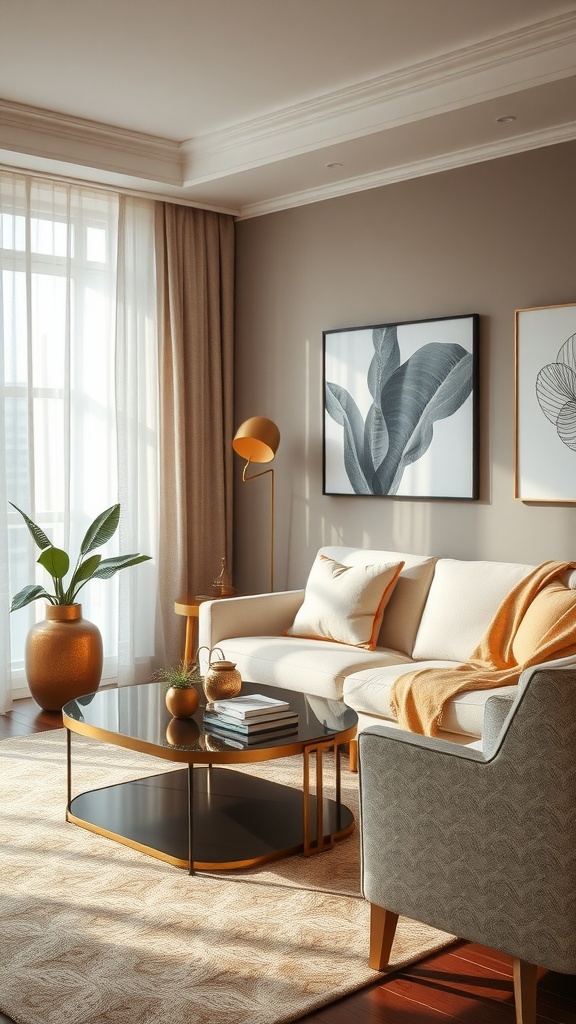 A modern boho living room featuring warm metallic accents with a cozy sofa, decorative pillows, and plants.