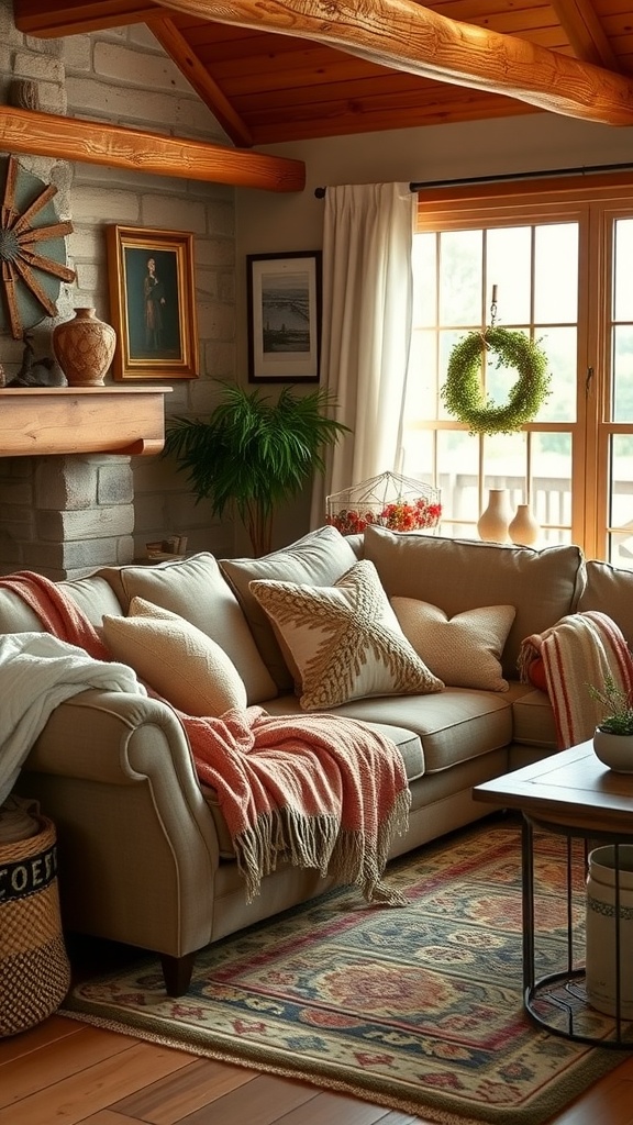 Cozy ranch-style living room with warm textile layers including a neutral sofa, patterned pillows, coral throw, and an area rug.