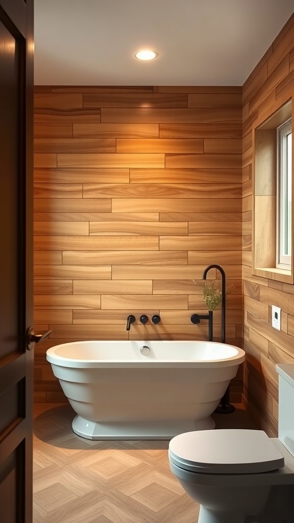 A cozy bathroom featuring warm wooden wall panels and a classic white bathtub.