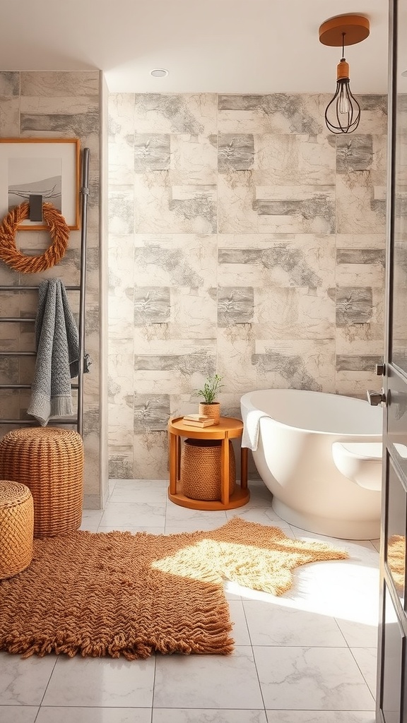 A warm bathroom with a textured rug, woven pouffe, and modern bathtub.