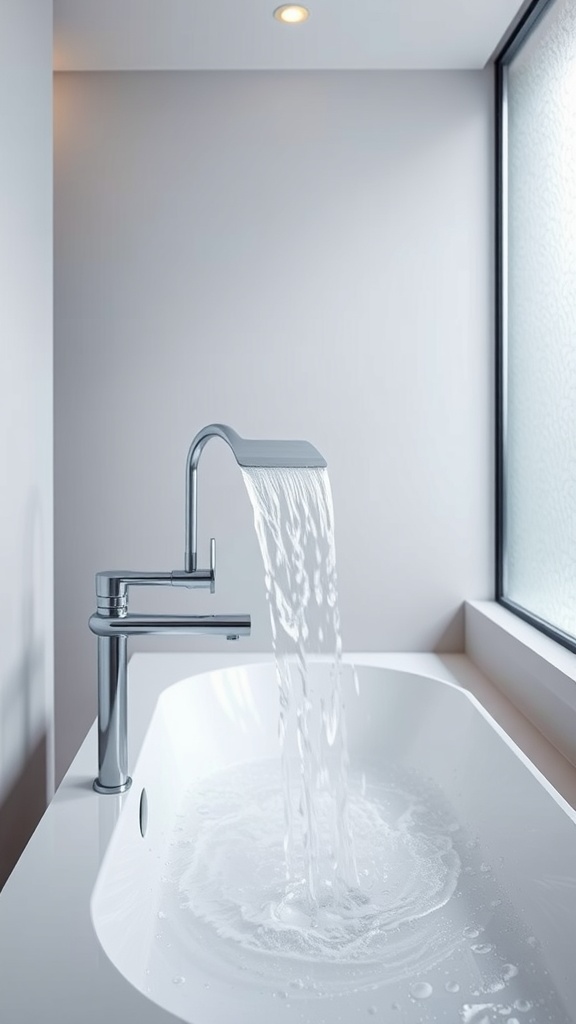 A modern bathroom with a bathtub and a sleek faucet pouring warm water.