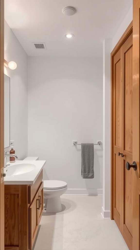 A bathroom featuring warm wood finishes in cabinets and doors, complemented by light walls and tile flooring.