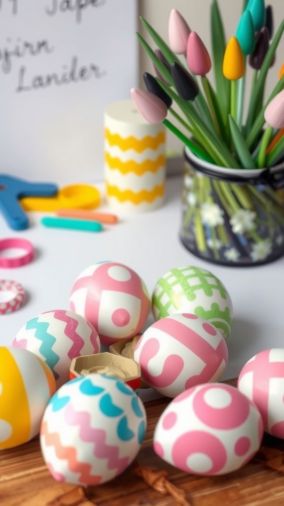 Colorful washi tape decorated Easter eggs with crafting supplies