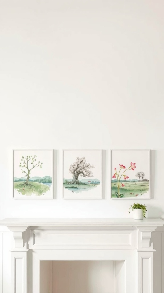 Three watercolor paintings of trees and flowers displayed above a white mantle.