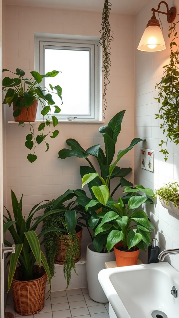 A bright bathroom filled with various plants in pots, creating a warm and inviting atmosphere.